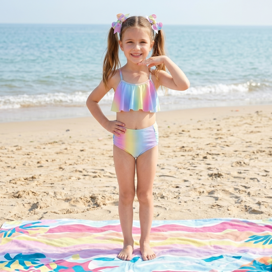Pastel Rainbow Ombre 2-Piece Swimsuit Set bikini, girl's swimsuit, baby and kids swimsuits for summer, baby and kids online boutique clothing, high waist kids bikini swimsuit, girl's swimwear for summer, girl's high-waist swimming suit, girls bathing suit 