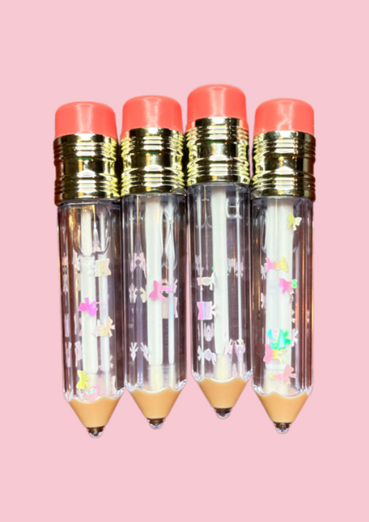 Gloss & Giggles lip gloss tubes shaped like pencils, pink coquette-style bows and girly decals, lip gloss for girls, lip gloss for kids, vegan lip gloss for kids, novelty lip gloss ,kawaii makeup