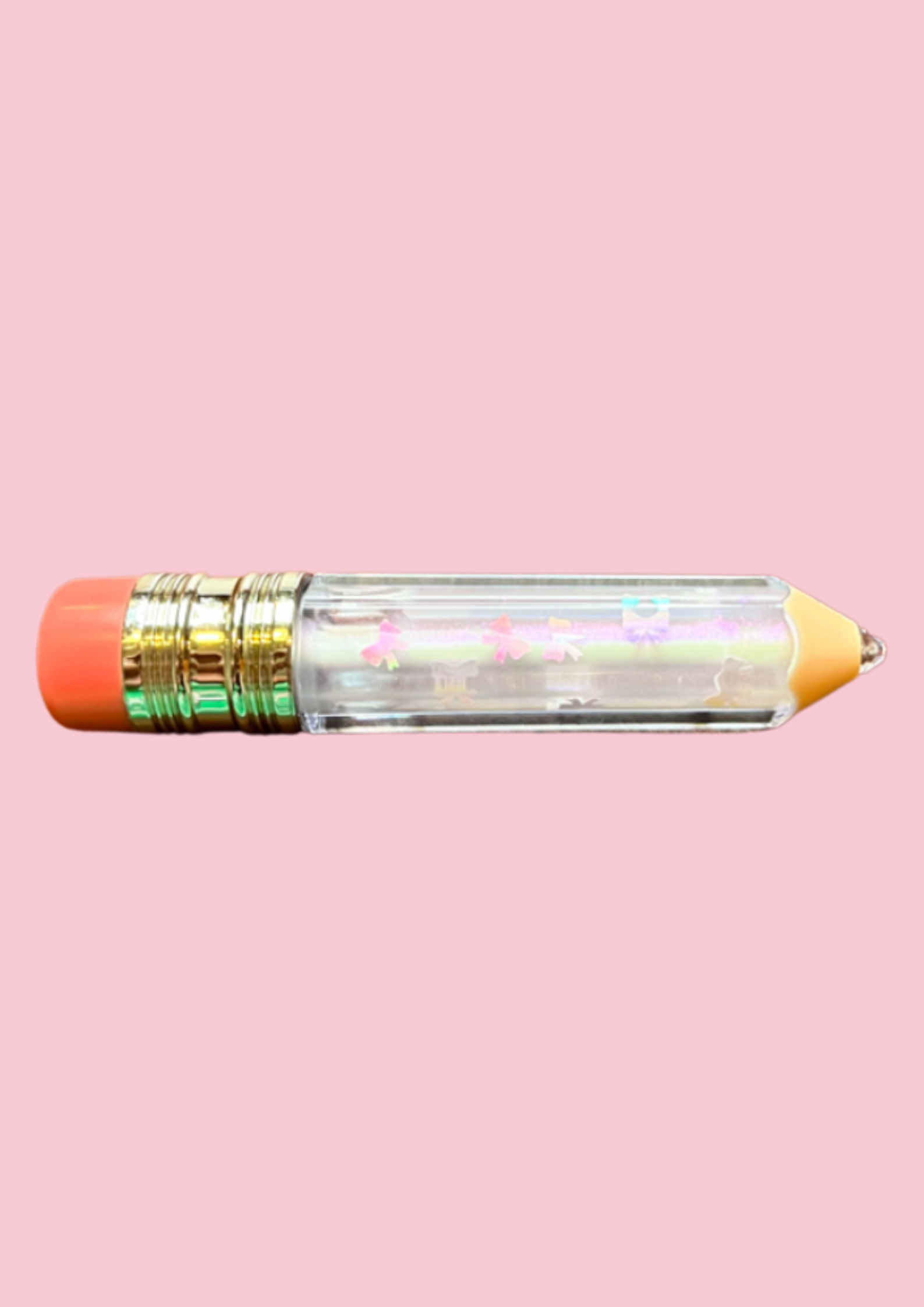 Gloss & Giggles lip gloss tubes shaped like pencils, pink coquette-style bows and girly decals, lip gloss for girls, lip gloss for kids, vegan lip gloss for kids, novelty lip gloss ,kawaii makeup