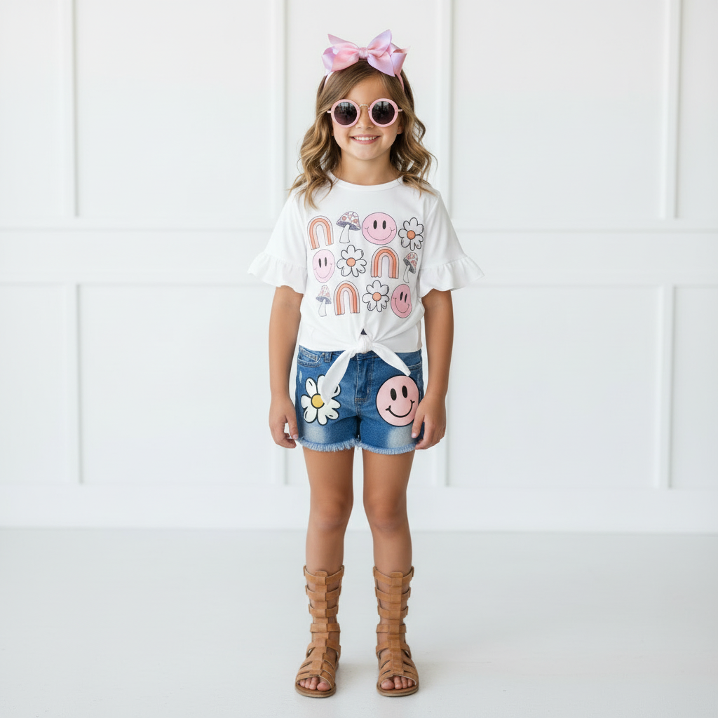 groovy smiles, good vibes only short set denim short set, girls summer outfit, kids boutique clothes, online girls boutique clothing