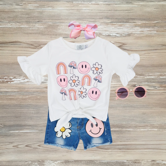 groovy smiles, good vibes only short set denim short set, girls summer outfit, kids boutique clothes