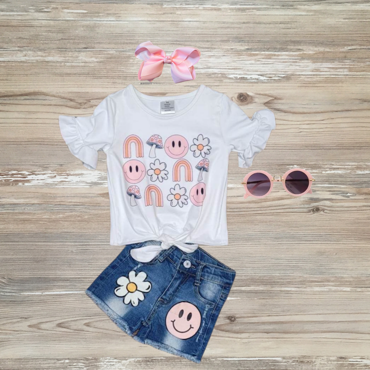 groovy smiles, good vibes only short set denim short set, girls summer outfit, kids boutique clothes