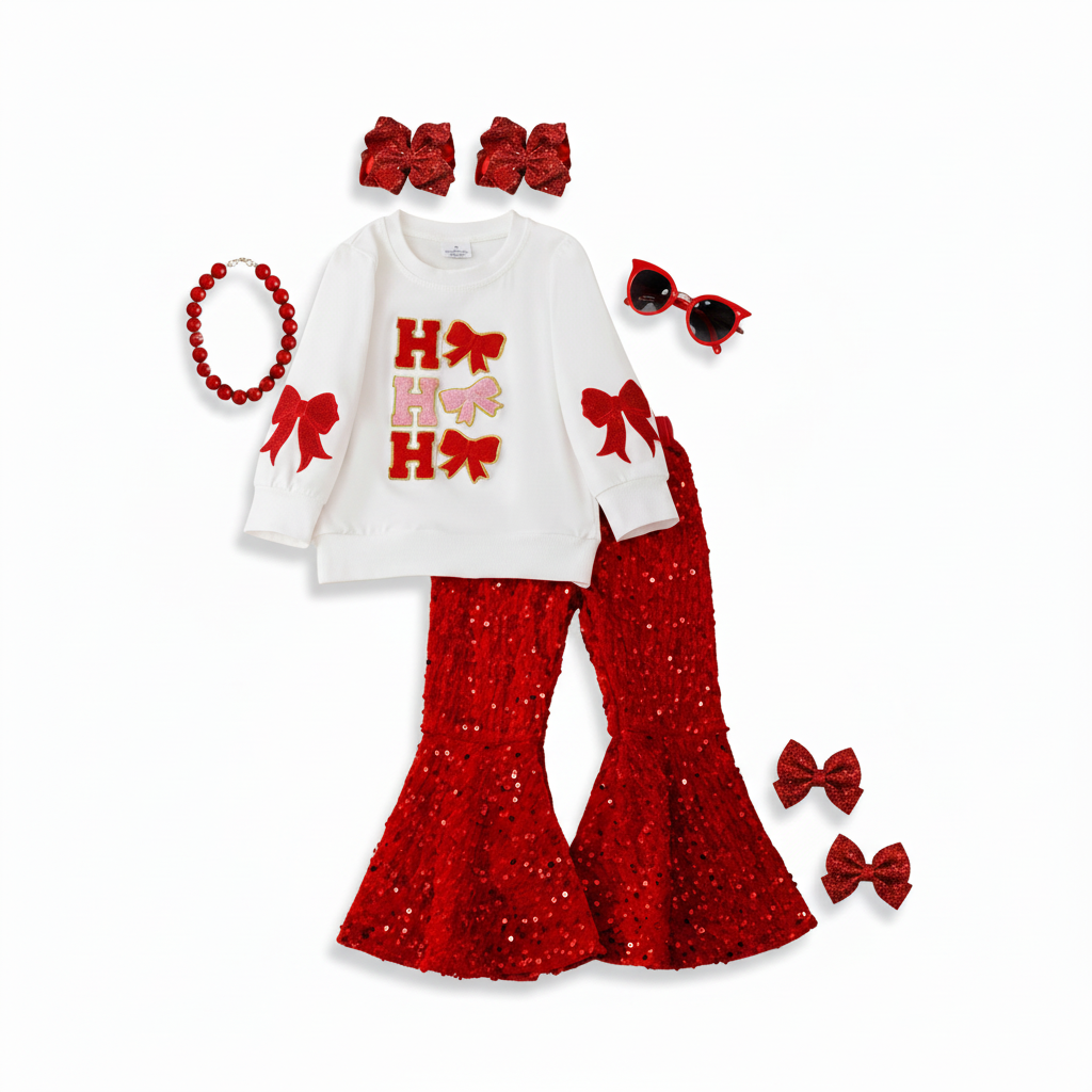 Coquette-style girls' white Christmas top with "Ho Ho Ho" lettering and bows, paired with red sequin bell bottom pants, girls chirstmas red sequin outfit, girls boutique clothing, sequin pants christmas outfit