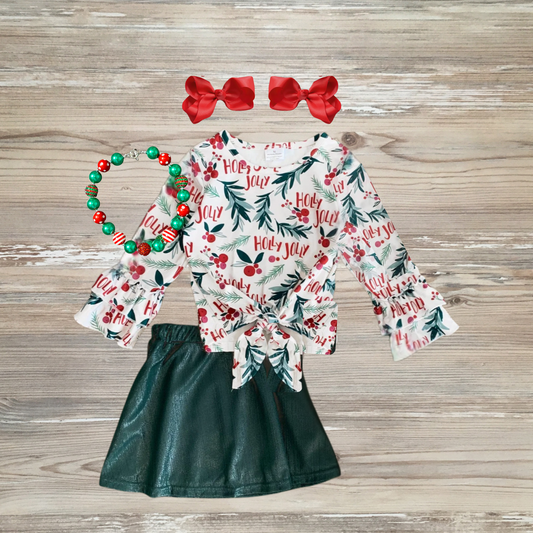 holly jolly skirt set, girls christmas skirt set, holly jolly mistletoe girls outfit