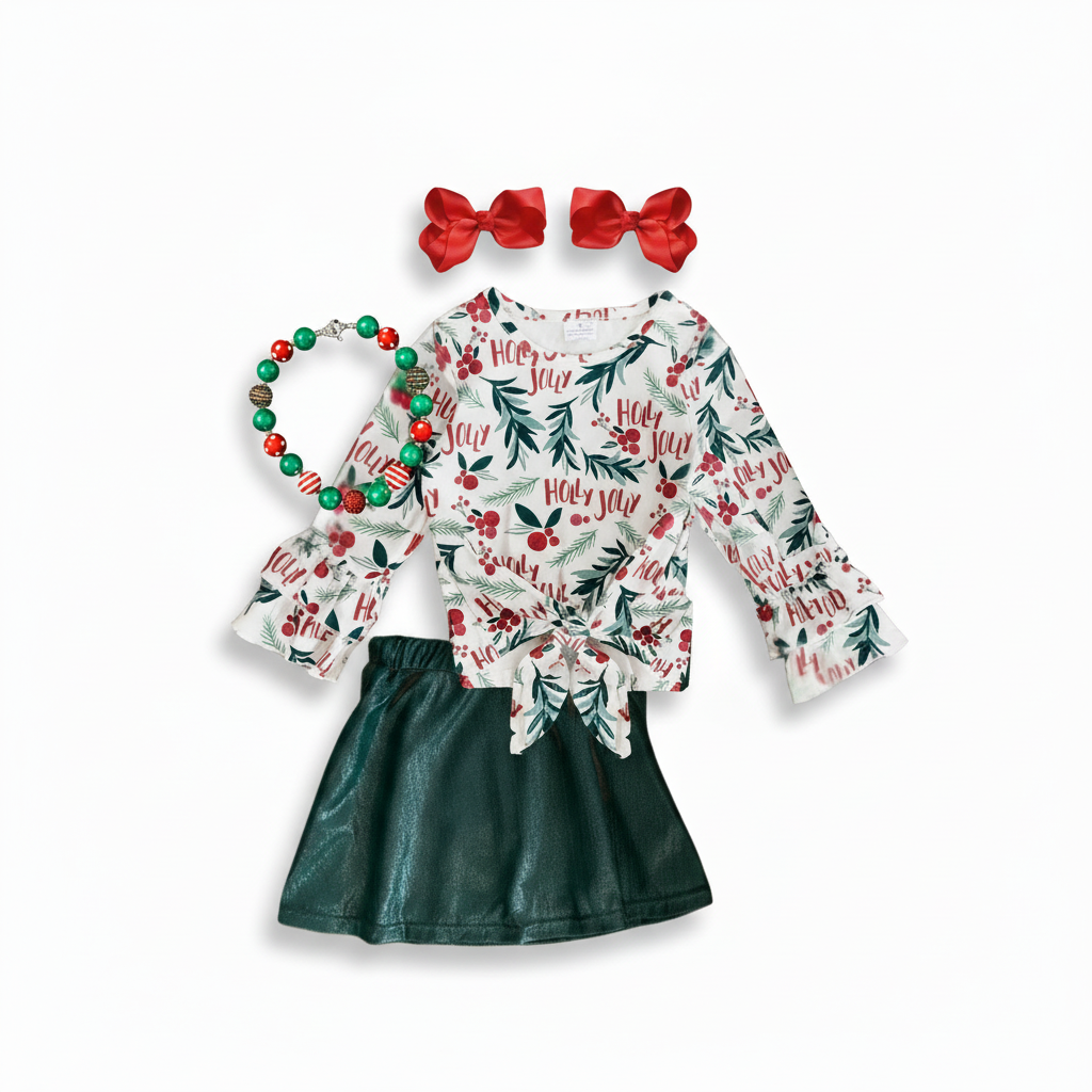 holly jolly skirt set, girls christmas skirt set, holly jolly mistletoe girls outfit, girl's holly jolly outfit, kids boutique, online boutique