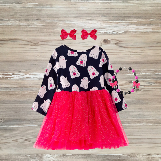 hot pink ghost dress, halloween dress, girls dress, kids halloween clothes, cute tule dress cute hot pink dress, kids boutique clothing 