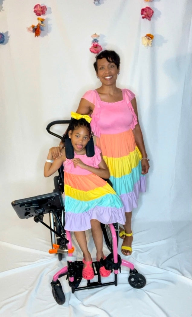 mommy and me spring colorblock matching dress, mama and me easter dresses, mommy and me fashion, mom & me fashion dresses for spring and summer, disability awareness