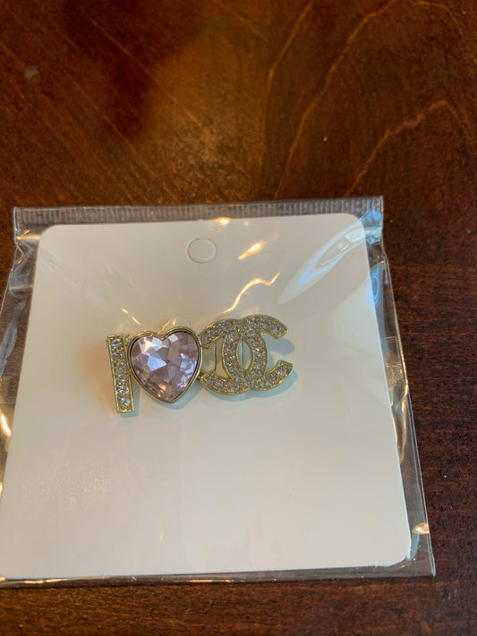 A Chanel-inspired pin featuring a heart-shaped crystal and the interlocking CC, I love Chanel brooch, chanel inspired brooches