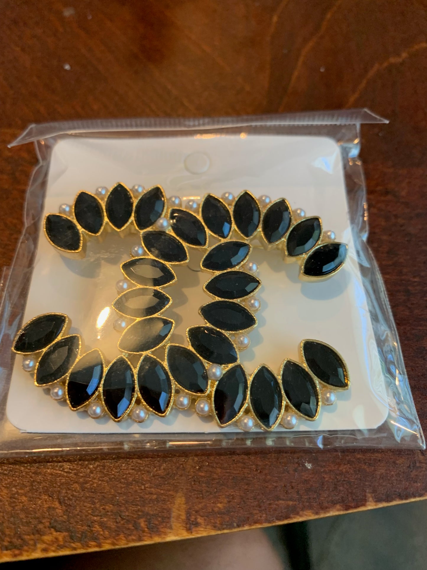 chanel designer inspired brooch black and pearl CC brooch