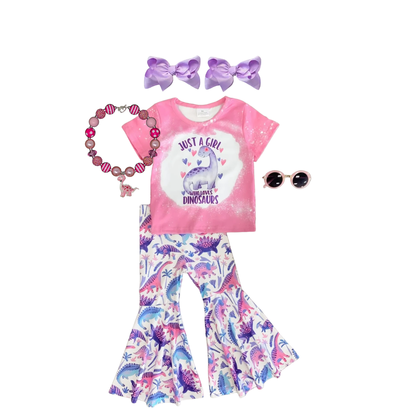 just a girl who loves dinosaurs bell bottom set, just a girl who loves dinosaurs pink and purple outfit, kids boutique clothing, kids boutique clothing, girl's online boutique clothing, 