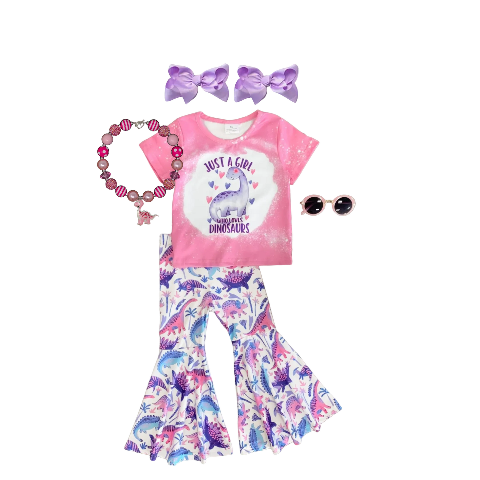 just a girl who loves dinosaurs bell bottom set, just a girl who loves dinosaurs pink and purple outfit, kids boutique clothing, kids boutique clothing, girl's online boutique clothing, 