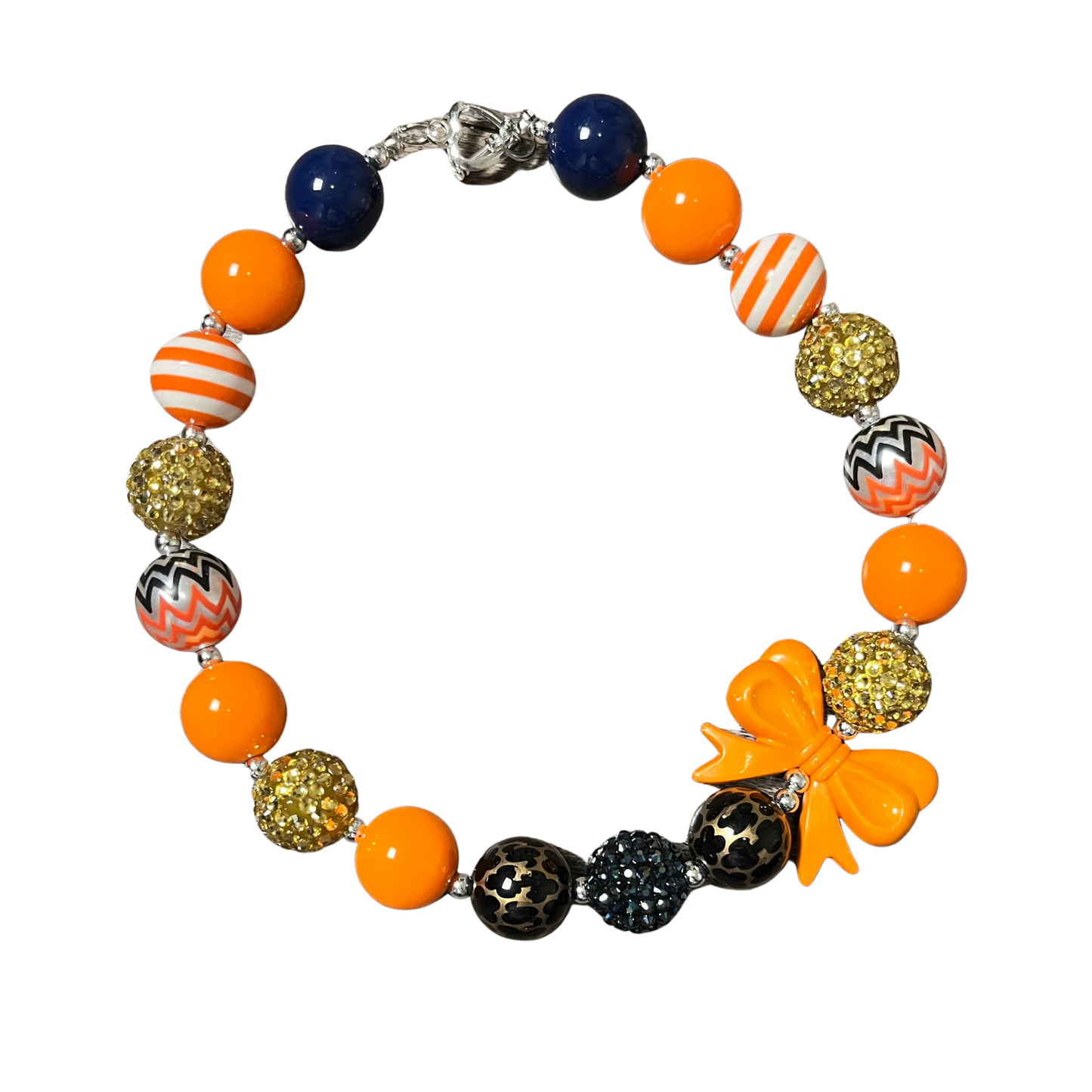 navy blue, orange, gold, cheetah, leopard, silver rhinestone necklace, girls bow necklace, kids fun necklace