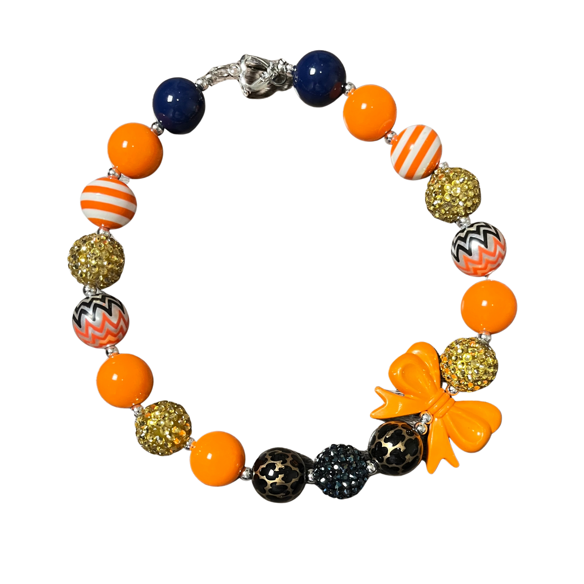 navy blue, orange, gold, cheetah, leopard, silver rhinestone necklace, girls bow necklace, kids fun necklace