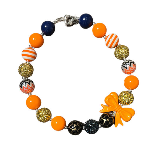 navy blue, orange, gold, cheetah, leopard, silver rhinestone necklace, girls bow necklace, kids fun necklace