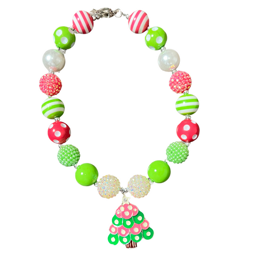 neon grinch neon green, neon pink christmas tree  rhinestone necklace, girls holiday necklace, kids fun necklace