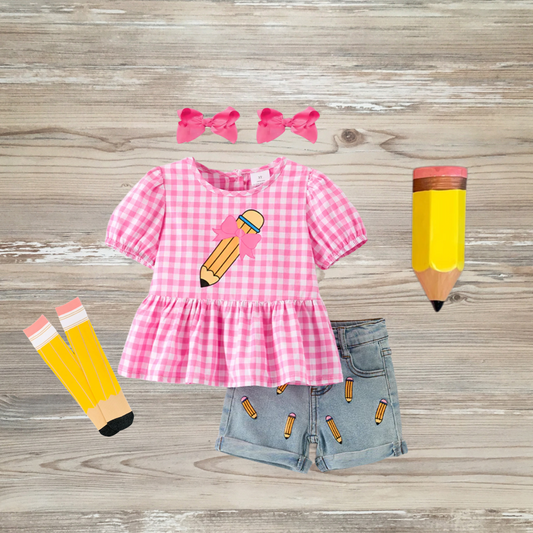 back to school outfit, pencil outfit, girls back to school set, back to school clothes for kids, sharp little kids, on point pencil, pencil out, back to school Gingham, pink and yellow