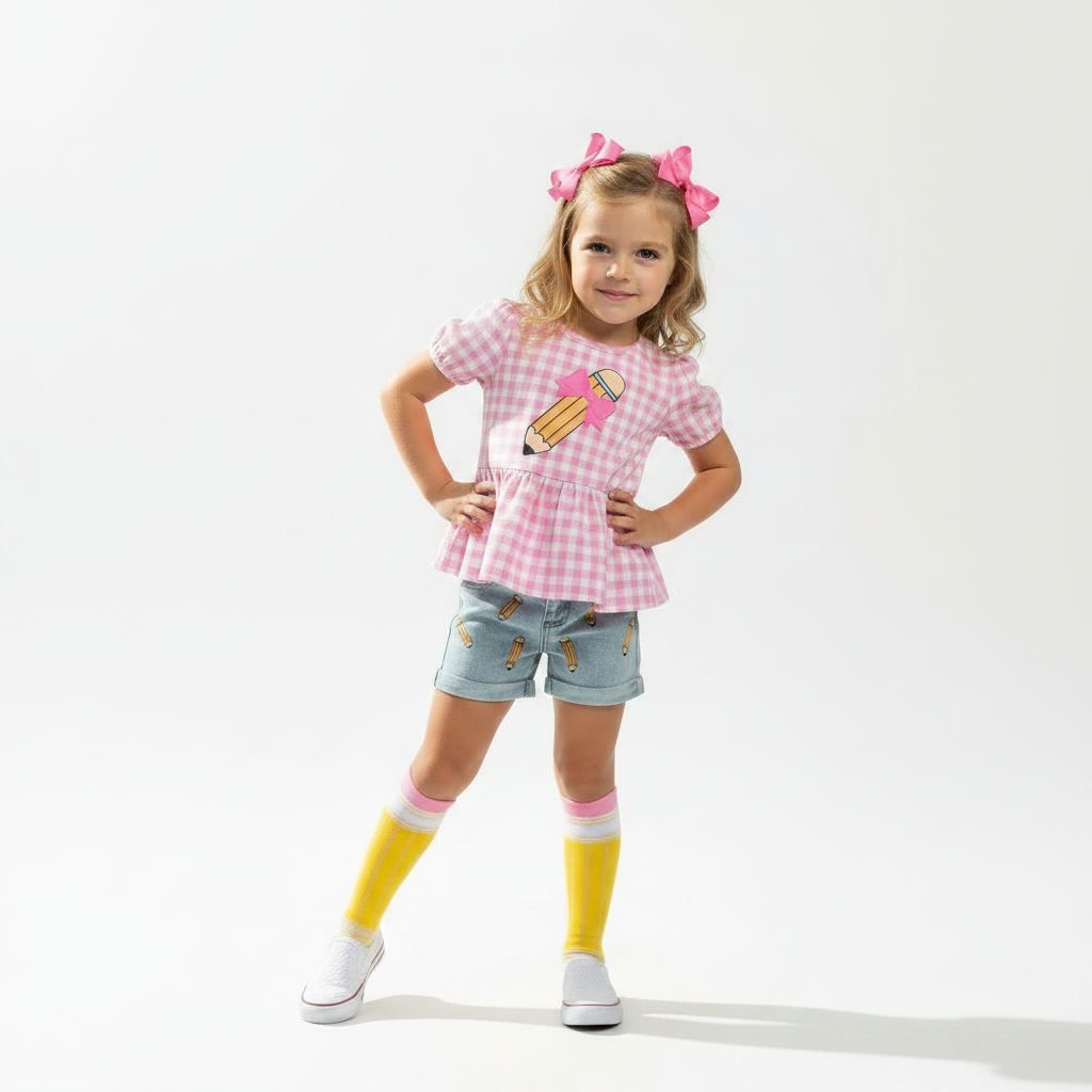 back to school outfit, pencil outfit, girls back to school set, back to school clothes for kids, sharp little kids, on point pencil, pencil out, back to school Gingham, pink and yellow