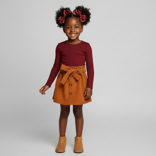 Pumpkin spice corduroy A-line skirt with front buttons and a bow tie waistband for toddler girls, kids online boutique clothing, corduroy skirt for girls, girls boutique clothing, girl's corduroy skirts, girl's skirts for fall, girl's online clothing boutique