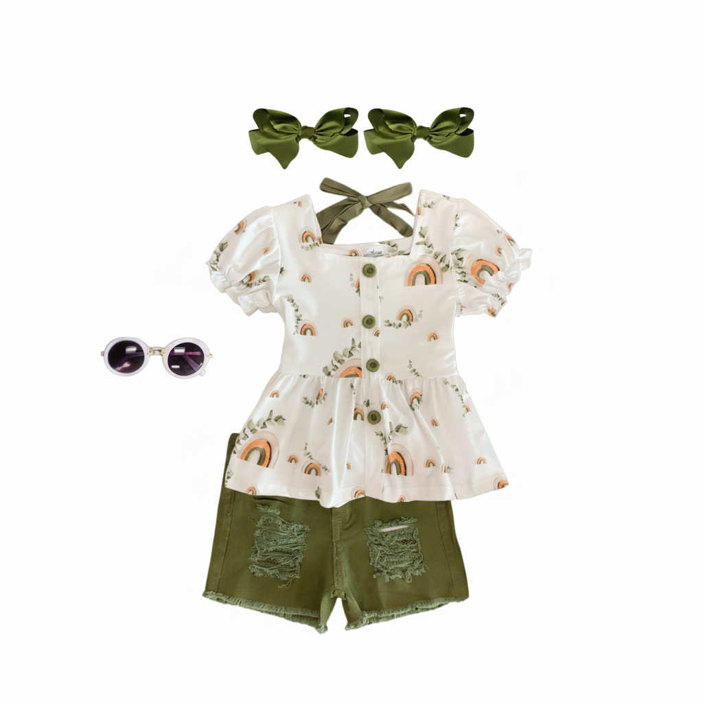 olive rainbow Distressed Denim Short Set, kids online boutique, girl's summer outfit, girls boutique clothing, Short sleeve rainbow top, Olive green shorts, summer girl's outfit, girls short set for summer, girls boutique clothing, trending girls summer outfits