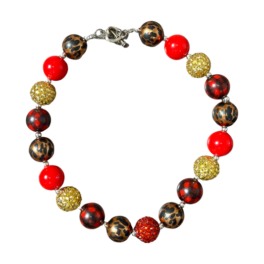 plaid red winter gold, rhinestone necklace, girls necklace, kids fun necklace bubblegum necklace, leopard cheetah necklace
