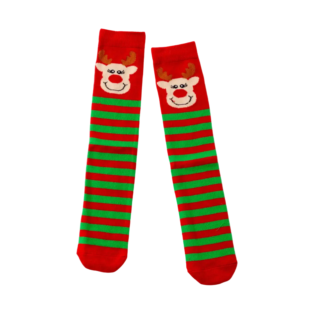 reindeer girl socks, christmas socks, girls funny cute christmas socks, red and green stripe christmas socks