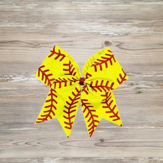 bright yellow oftball cheer bow, softball ponytail holder, girls softball hair accessory, softball team spirit bow, glitter softball bow, yellow and red hair bow, softball game day hair tie, cheerleader softball bow, softball team gift, youth softball accessories, grosgrain ribbon