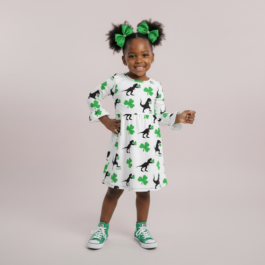 st patrick's kids clothes, st patrick's dress, dinosaur dress, st.patrick's dress girls st patrick's day outfit, online kids boutique clothing, lucky charm girls outfit, girl's dino dress, girl's st paddy's day outfit