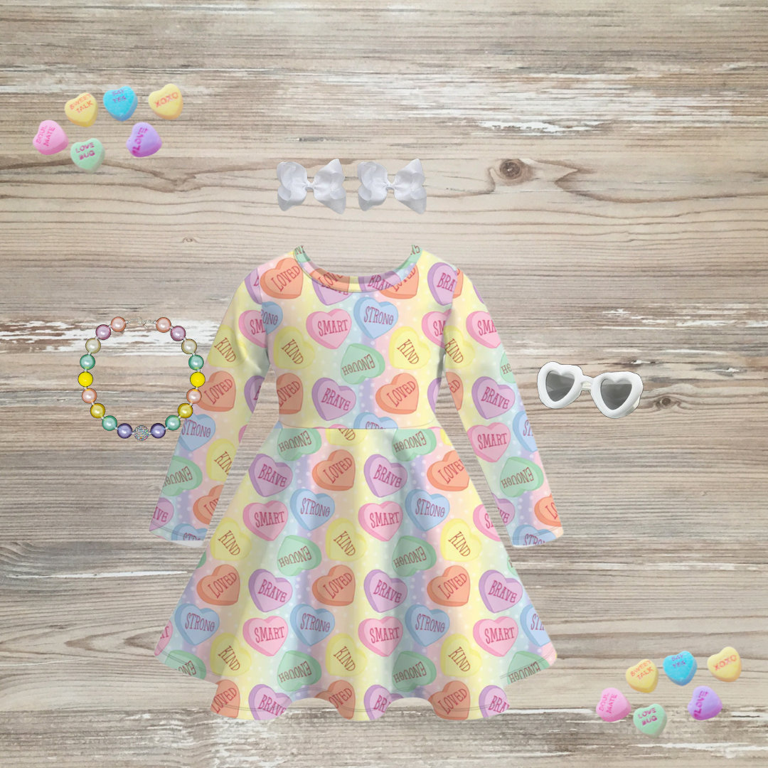 sweetheart candy conversation dress, candy heart valentine's dress, positive affirmations valentines dress, pastel heart candy conversation dress