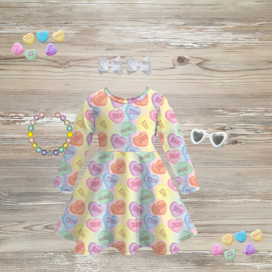 sweetheart candy conversation dress, candy heart valentine's dress, positive affirmations valentines dress, pastel heart candy conversation dress