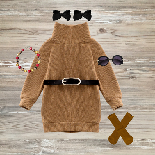 toddler girls sweater dress, caramel brown, ribbed knit, mock neck dress, fall and winter outfit, boutique outfit, turtleneck sweater dress for girls with vegan leather belt.