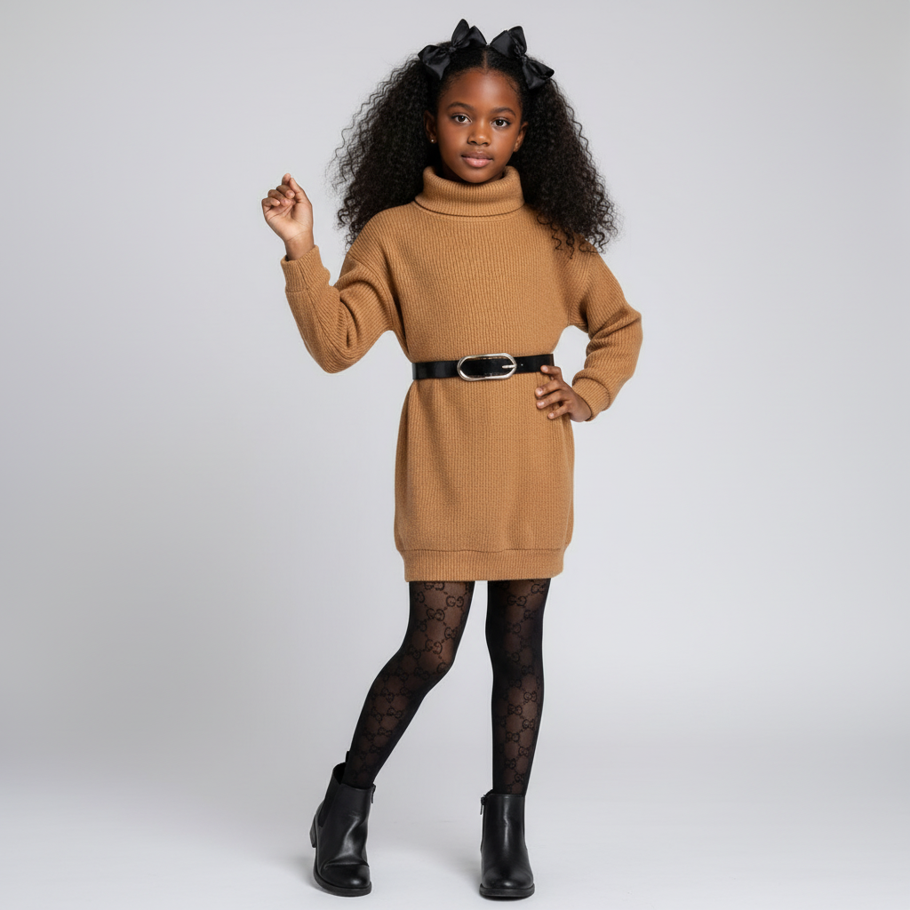 girl's turtleneck sweater dress, kids fashion winter dress, kids online boutique girls sweater dress, caramel brown, ribbed knit, mock neck dress, fall and winter outfit, boutique outfit, turtleneck sweater dress for girls with vegan leather belt.