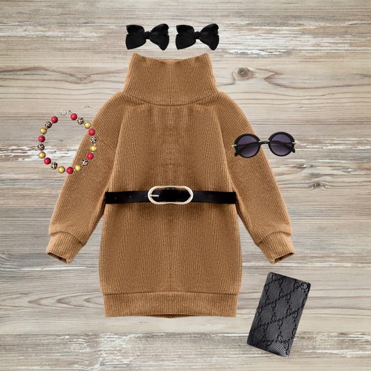 Warm Caramel Chic Sweater Dress with Belt