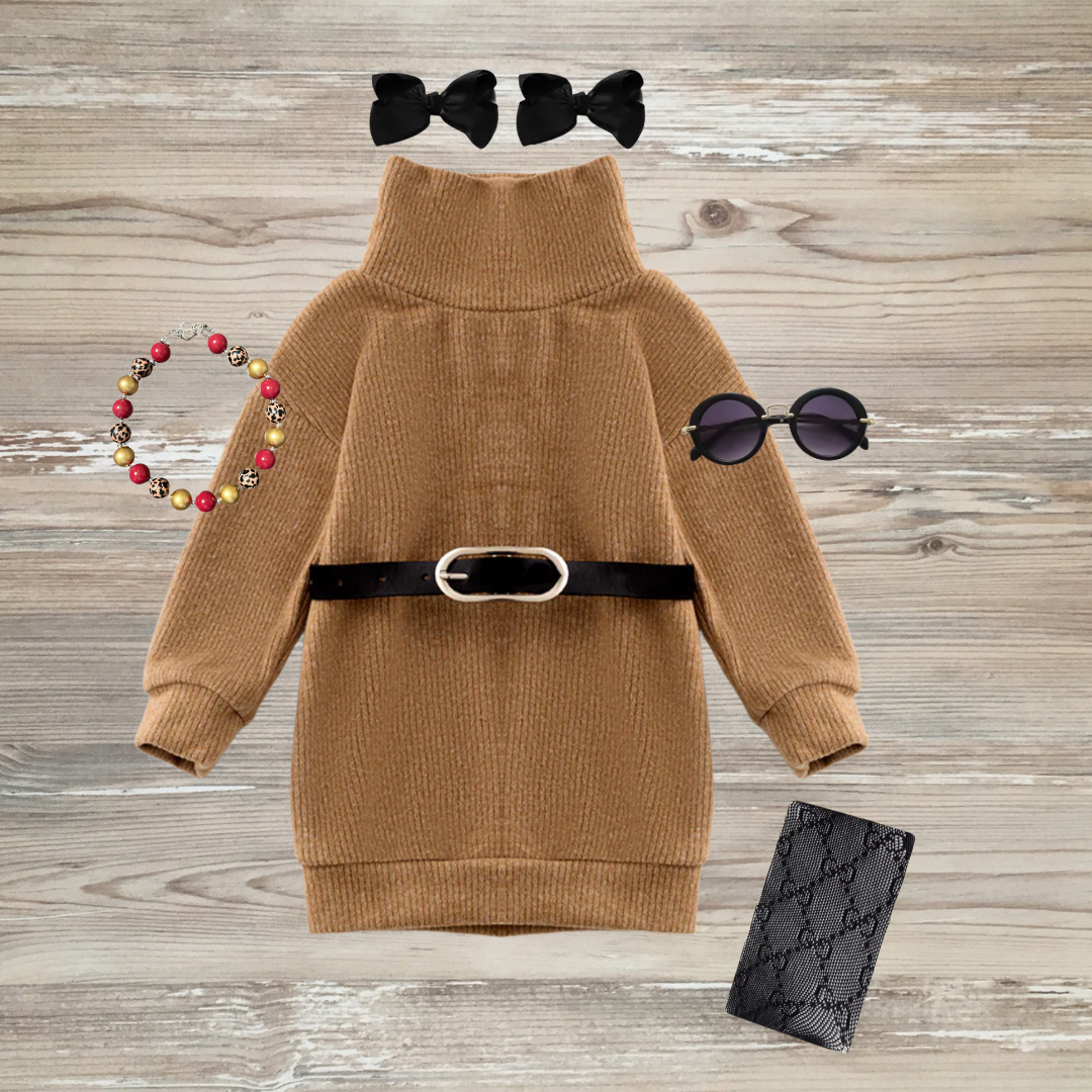 girl's turtleneck sweater dress, kids fashion winter dress, kids online boutique girls sweater dress, caramel brown, ribbed knit, mock neck dress, fall and winter outfit, boutique outfit, turtleneck sweater dress for girls with vegan leather belt.