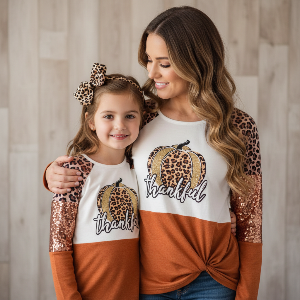 mommy and me dresses, mommy and me clothes, mom and me matching clothes, mommy and me fashion, mommy and me outfits, mommy and me style thankful, thankgiving, Matching “Thankful” mama and mini long-sleeve tops with leopard pumpkin graphic, sequin and leopard print sleeves, and rust-orange color block, perfect for fall and Thanksgiving family outfits, online family clothing 