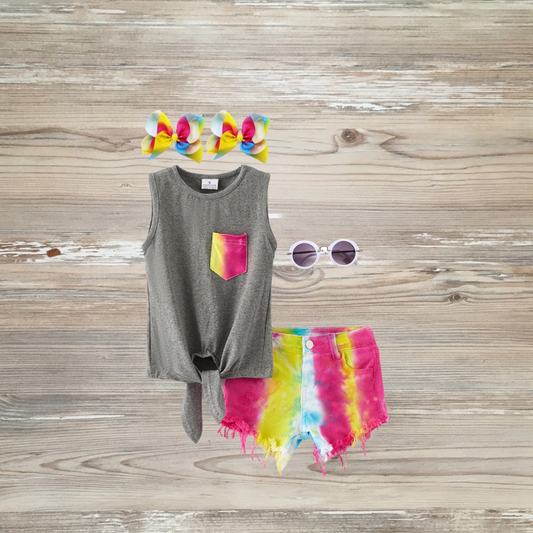 girls tie-dye short set, girls spring summer denim short set, summer tie-dye outfit, summer tie-dye short set girls short set, kids boutique clothing