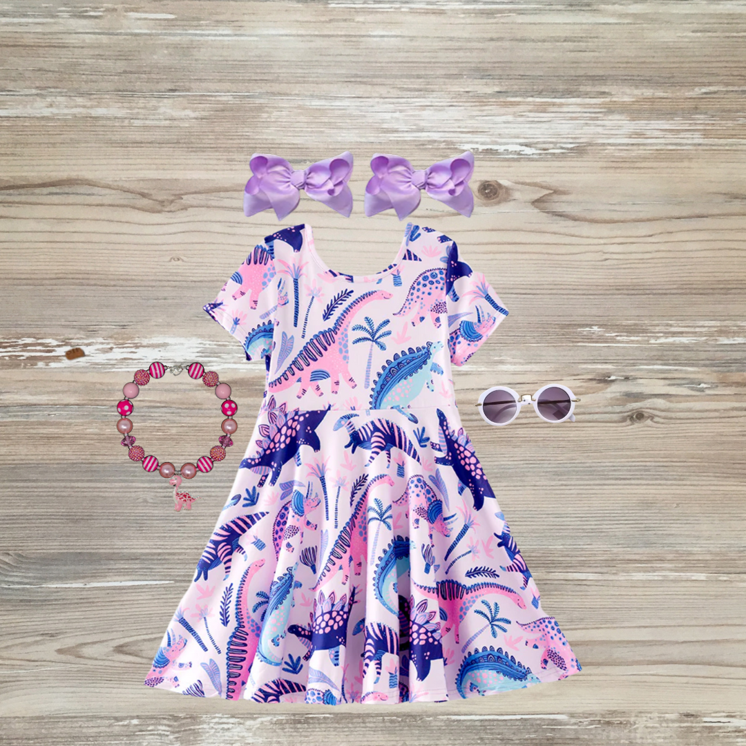 girls dinosaur dress, tropical purple and pink dinosaur dress for kids trending kids boutique, dino dress girls dress