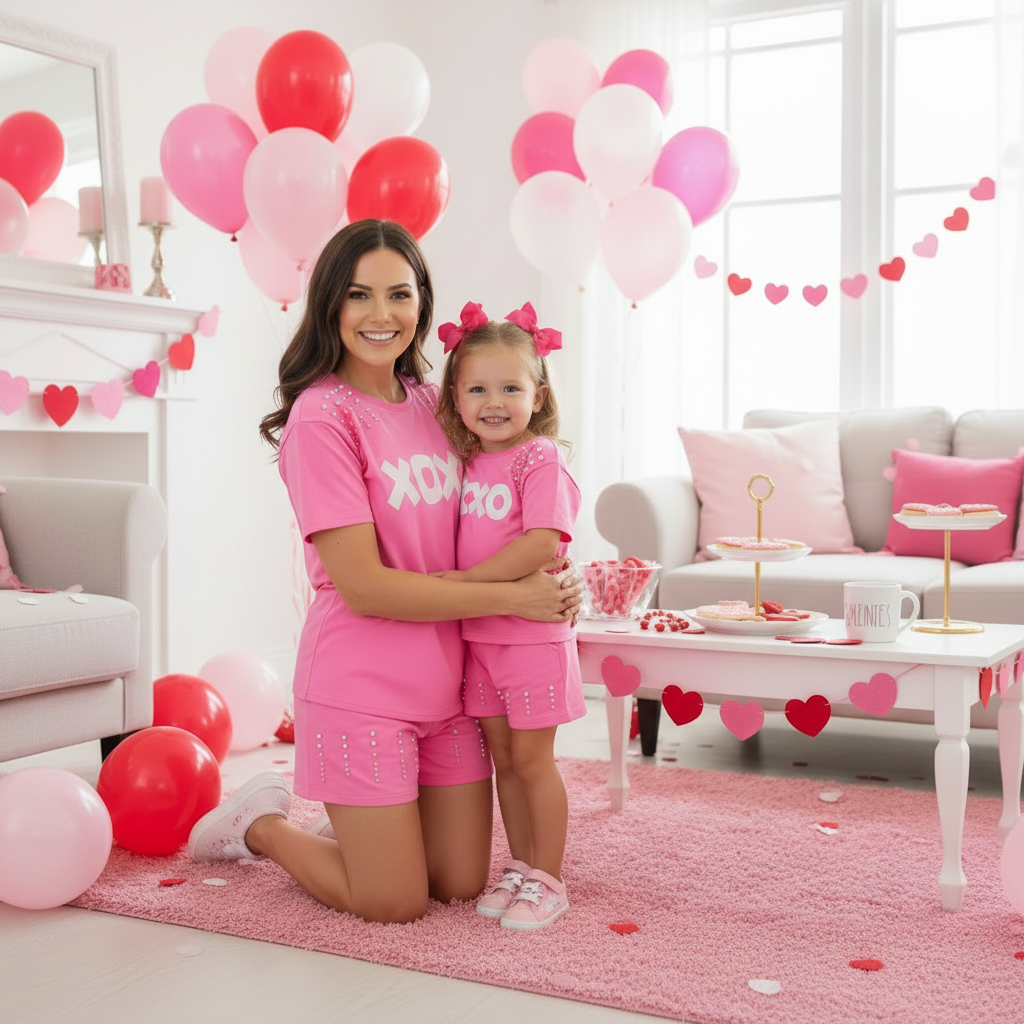 A matching Mommy and Me Valentine's Day outfit set in hot pink. The set features short-sleeve t-shirts with "XOXO" in white text and pearl studs on the shoulders, paired with matching pink shorts with pearl details. online boutique mommy and me outfit, mama and me outfit, mama and mini outfit, mother daughter matching sets outfits, family clothing, galentine's day outfit, Matching Mother Daughter Valentine's Day Outfit"