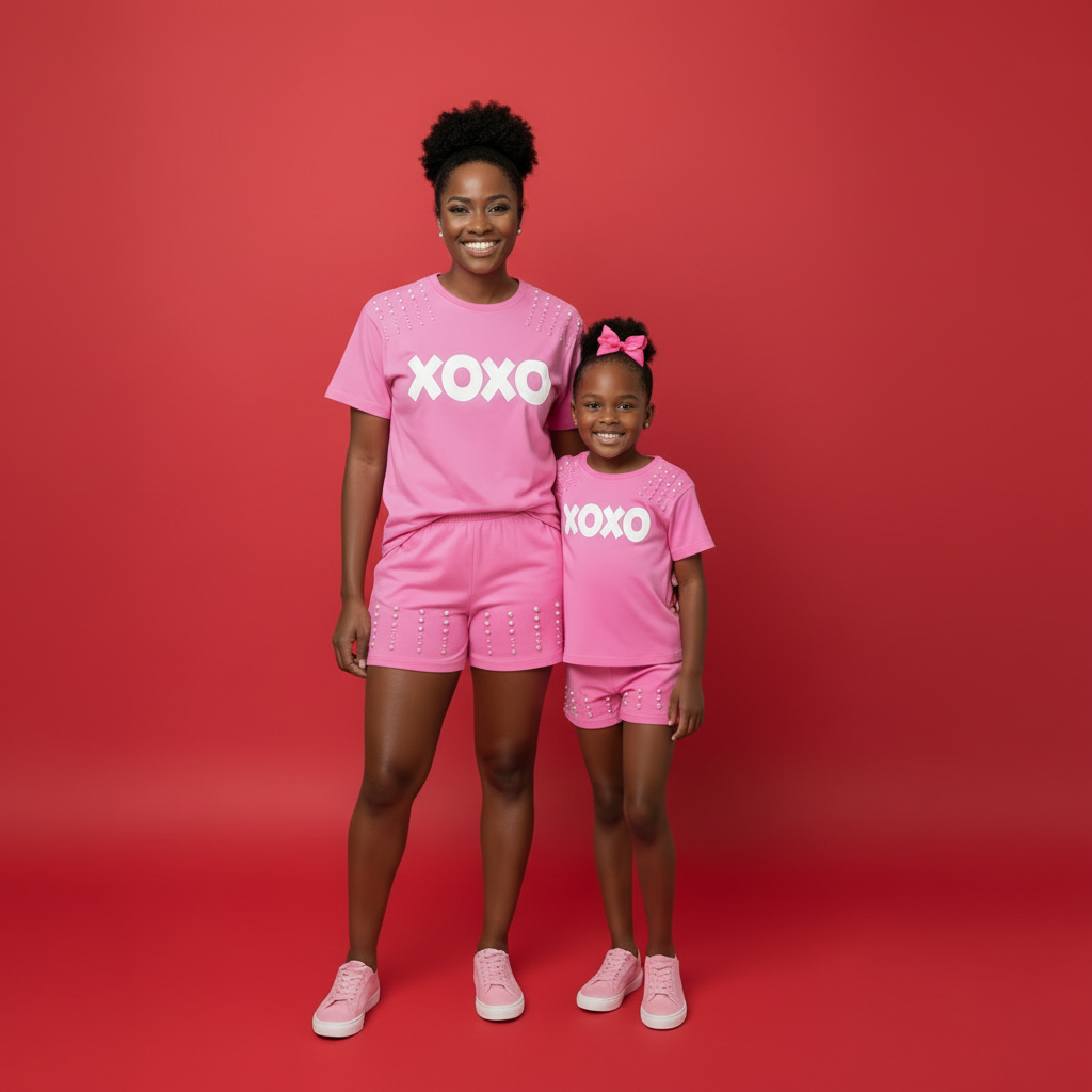 A matching Mommy and Me Valentine's Day outfit set in hot pink. The set features short-sleeve t-shirts with "XOXO" in white text and pearl studs on the shoulders, paired with matching pink shorts with pearl details. online boutique mommy and me outfit, mama and me outfit, mama and mini outfit, mother daughter matching sets outfits, family clothing, galentine's day outfit, Matching Mother Daughter Valentine's Day Outfit"