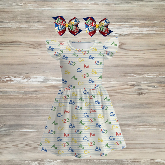 Dress with alphabet pattern abc 123 dress,  back to school dress, alphabet girl dress, abc 123 girls dress, notebook dress, Girls back-to-school dress featuring colorful ABC and 123 handwriting print on lined background with flutter sleeves – ideal for preschool and kindergarten first day outfits
