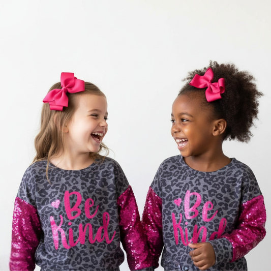 matching sequin shirts, be kind sweatshirt, be kind top, be kind girl's top, be kind sequin sleeves, be kind day, boutique clothing, kids boutique clothes, world kindness day top, world kindness day shirt for kids, online kids boutique girl's clothing