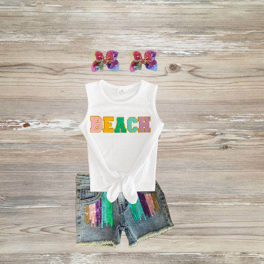 beach vibes denim short set, beach vibes sequin short set spring summer girls short set. girls sequin short set kids boutique clothing