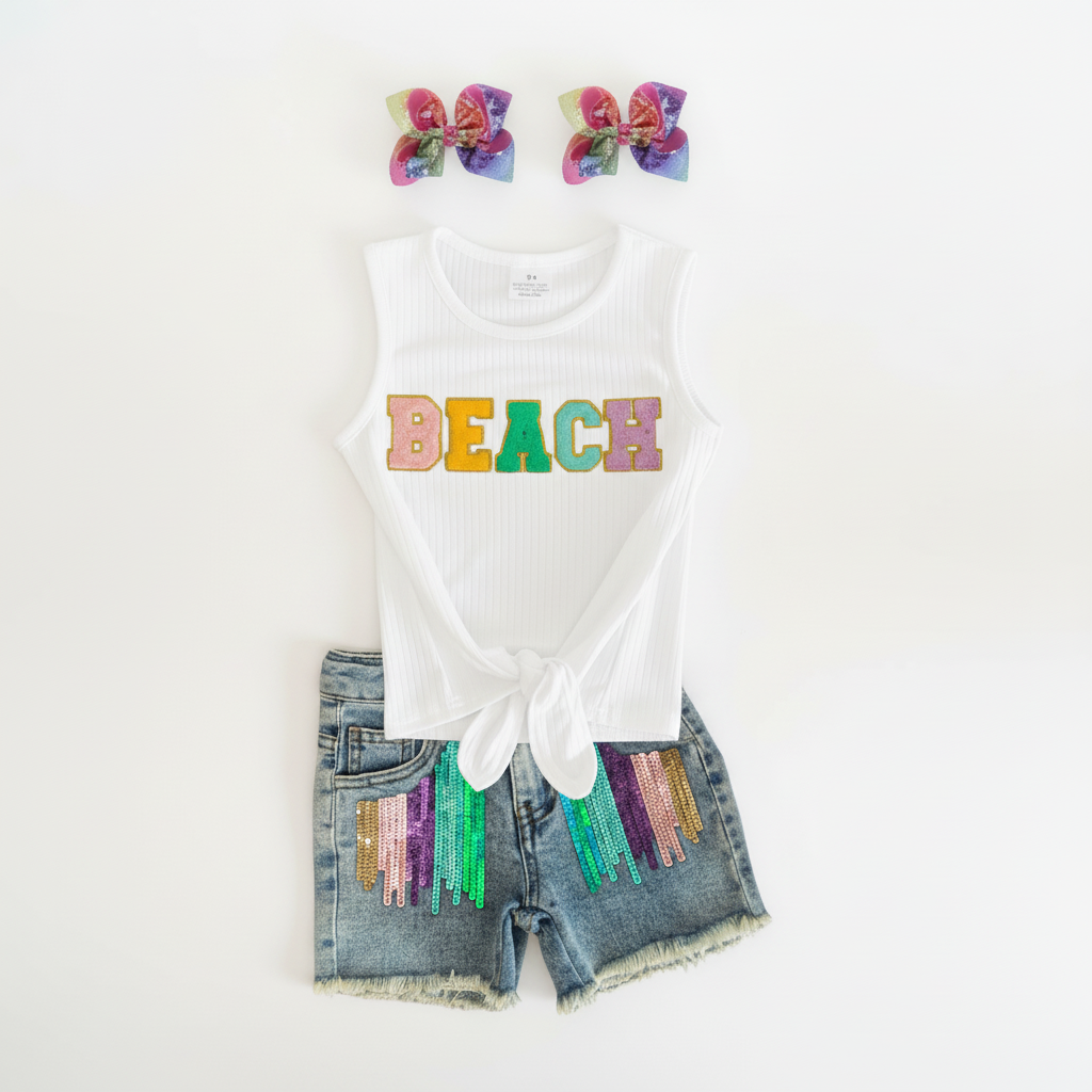 beach vibes denim short set, beach vibes sequin short set spring summer girls short set. girls sequin short set kids boutique clothing 