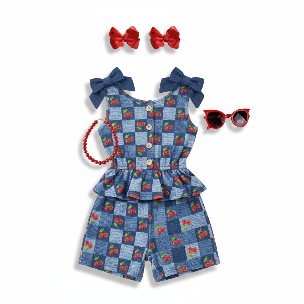 Girl's Blue Checkered Cherry Print Romper Peplum Romper