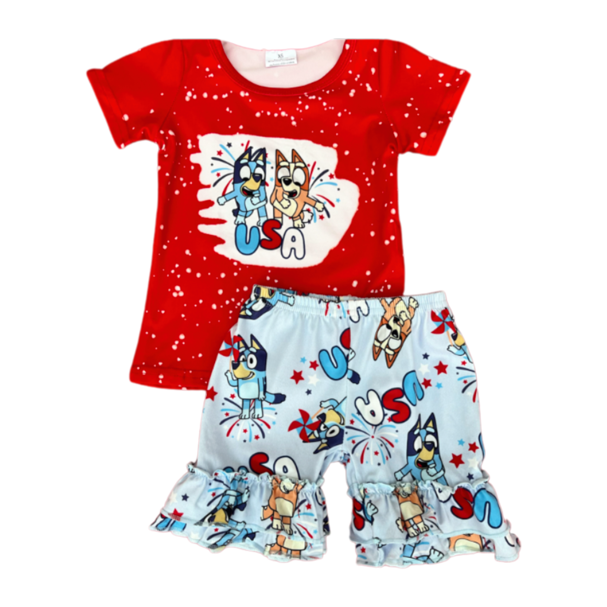 Girls Bluey and Bingo Clothing, 4th of July Kids Outfit, Toddler Girl Summer Set, Patriotic Kids Wear, Bluey and Bingo USA, Ruffle Shorts Set, Independence Day Toddler Clothes, Red White and Bluey, Girls Holiday Boutique clothing, Summer Playwear, baby and kids online  boutique, kids online boutique clothing