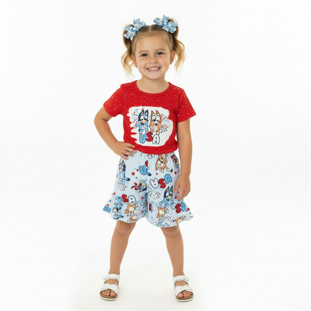 Girls Bluey and Bingo Clothing, 4th of July Kids Outfit, Toddler Girl Summer Set, Patriotic Kids Wear, Bluey and Bingo USA, Ruffle Shorts Set, Independence Day Toddler Clothes, Red White and Bluey, Girls Holiday Boutique clothing, Summer Playwear, baby and kids online  boutique, kids online boutique clothing