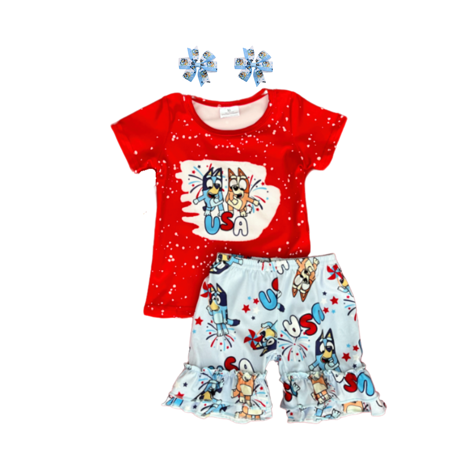 Girls Blue Dog Patriotic USA Ruffle Short Set