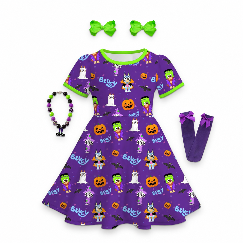 girls bluey halloween dress, bluey and bingo halloween dress, kids online boutique dresses, kids online boutique clothing, bluey and bingo dress, bluey halloween outfit, Toddler and girls short-sleeve purple Halloween A-line dress featuring costumed cartoon pups, jack-o'-lanterns, ghosts, and bright green trim, trick or treat girls outfit
