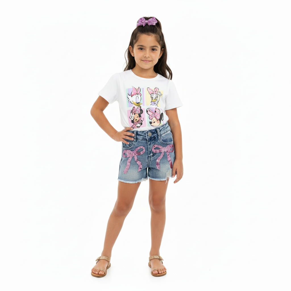 girls summer trendy bow shorts girls sequin bow shorts, girls coquette bow summer shorts, trendy shorts for girls, kids online boutique clothing, kids and baby online boutique clothing, Spring and Summer Bow Sequin Denim Shorts