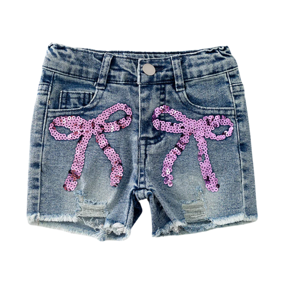 girls summer trendy bow shorts girls sequin bow shorts, girls coquette bow summer shorts, trendy shorts for girls, kids online boutique clothing, kids and baby online boutique clothing, Spring and Summer Bow Sequin Denim Shorts