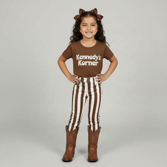 brown and white striped pants jeans, fall, halloween, festive kids boutique jeans, kids pants, kids outfits, trendy kids children's jeans, girl's western jeans, girl's jeans for rodeo kids western and rodeo jeans online kids boutique clothing